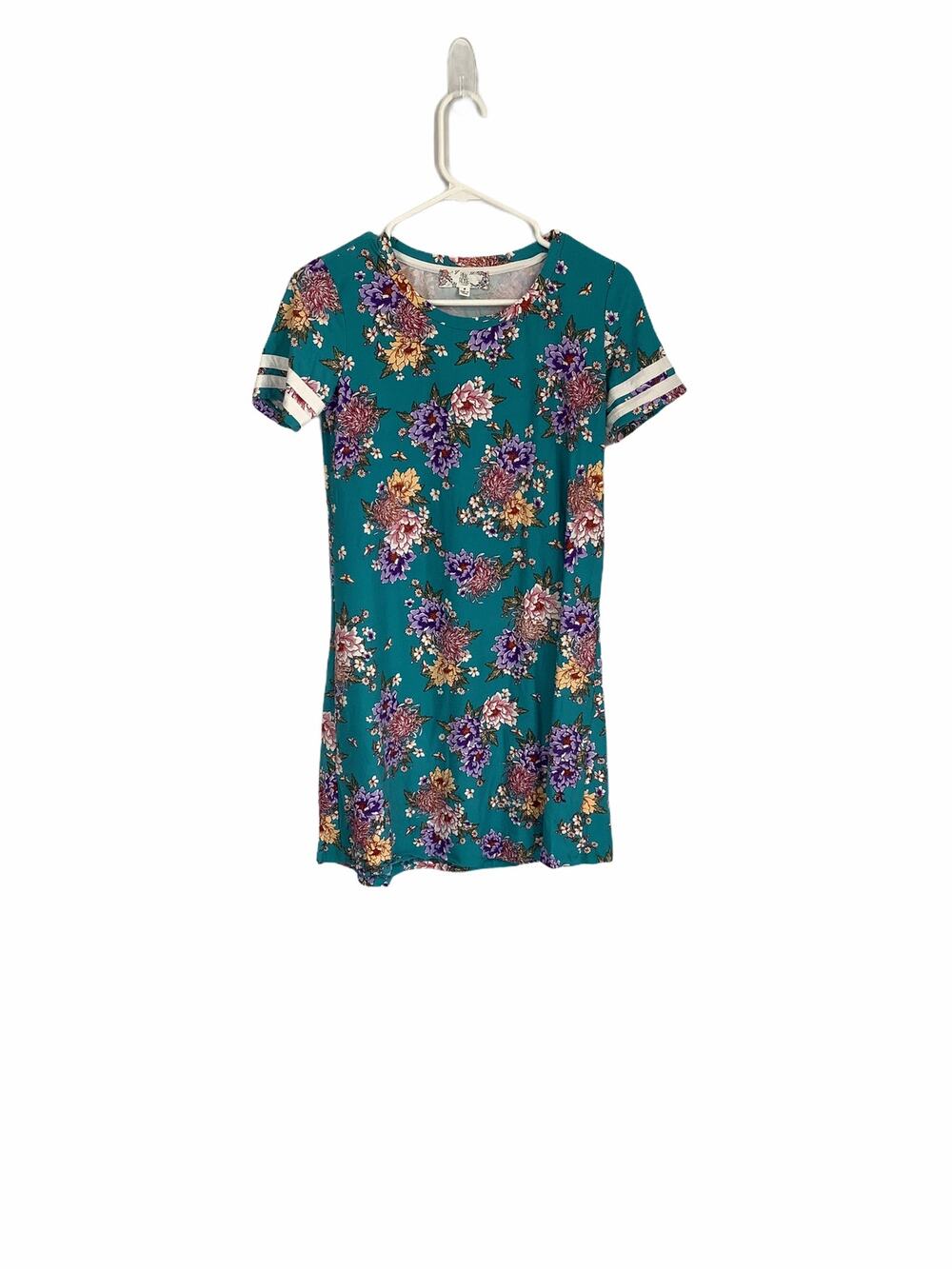 Pink Rose Teal Floral Print T-Shirt Dress Medium
